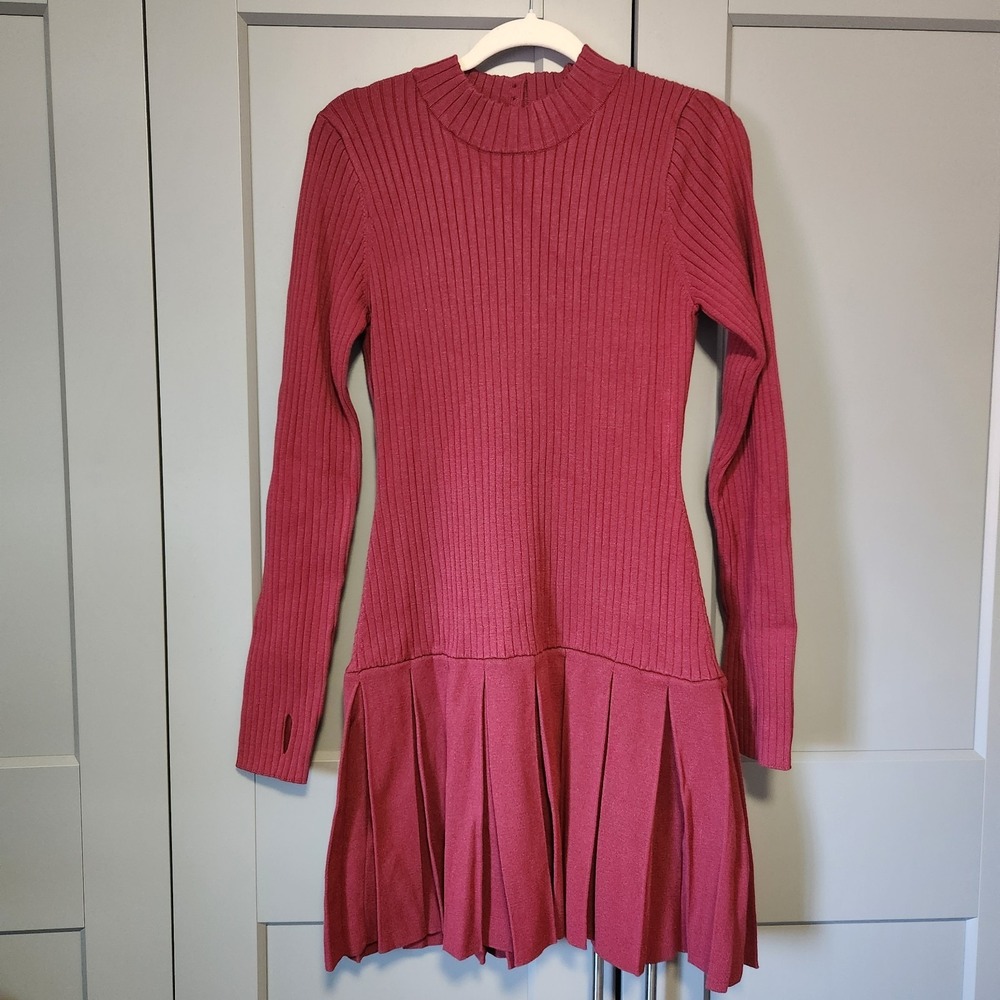 New Free People Emmy Mini Dress Large Wine Red Ribbed Knit Pleated Open Back L